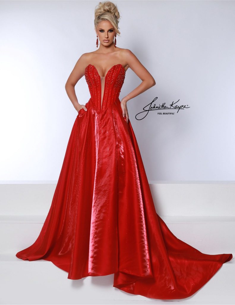 red prom dress, red pageant dress, exposed boning, corset bodice, bodice, corset, strapless prom dress, prom dress, designer prom dress
